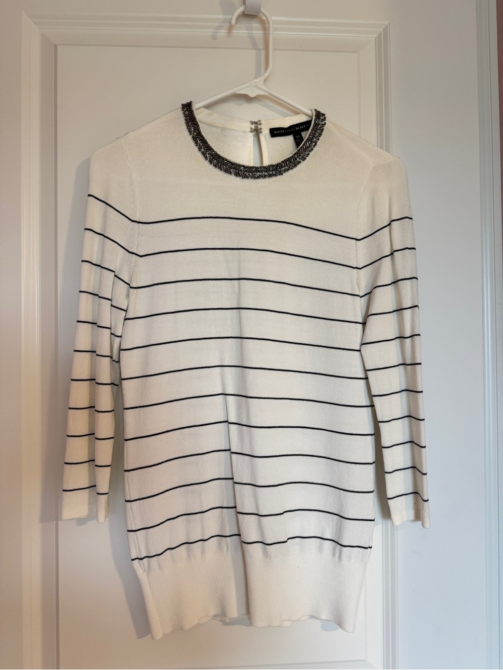 White House Black Market Cream Sweater with Gunmetal Beaded Neckline